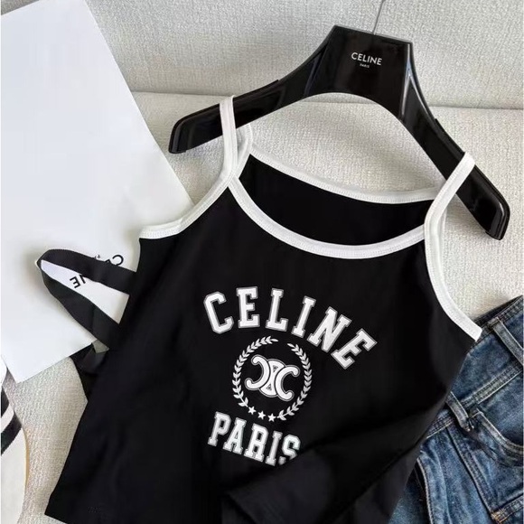 Celine Black and White Logo Crop Top - Picture 1 of 6